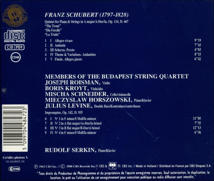 SCHUBERT: THE TROUT - IMPROMPTUS SERKIN/BUDAPEST QUARTET (Holland반)