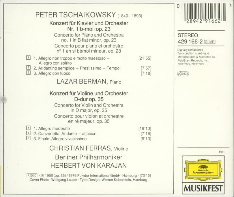 Tchaikovsky : Berman , Karajan - Klavierkonzert Nr. 1 - Violinkonzert (US반)