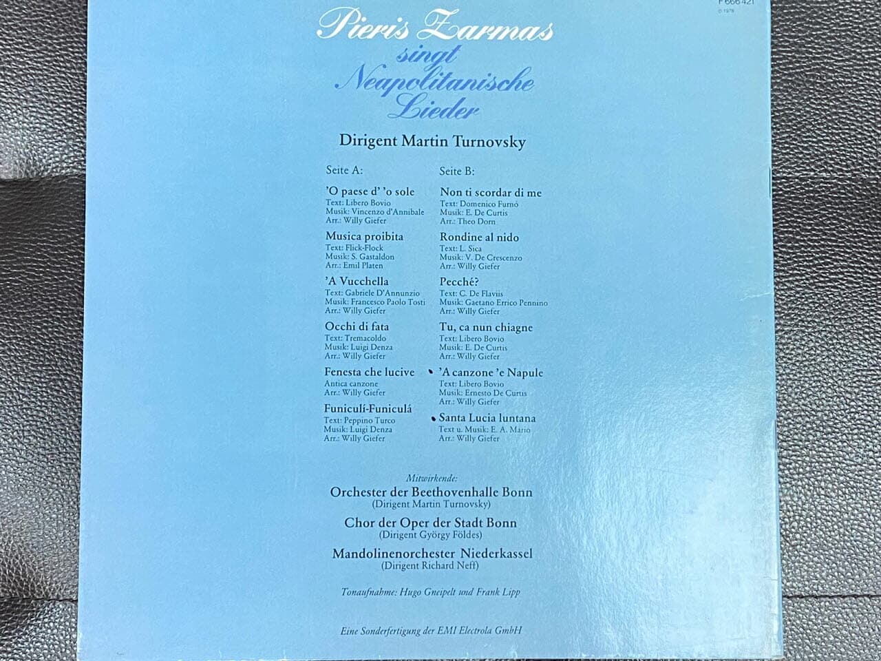 [LP] Pieris Zarmas - Singt Neapolitanische Lieder - Dirigent Martin Turnovsky LP [독일반] 