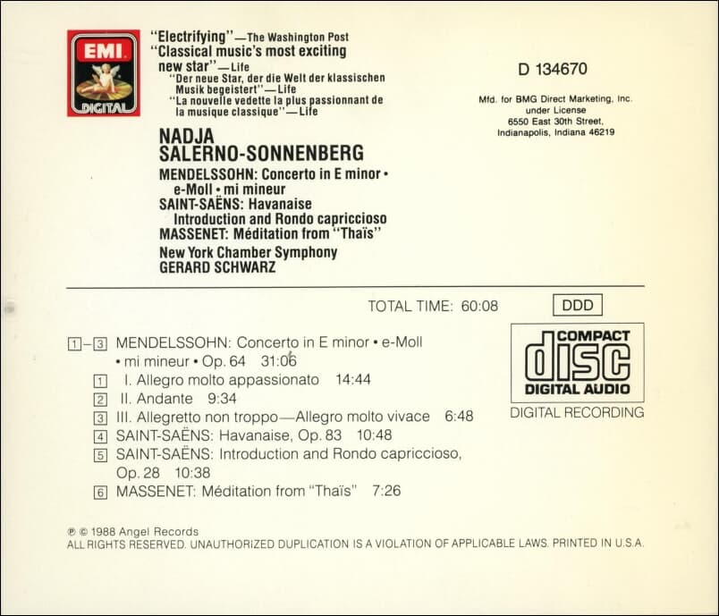Sonnenberg : Mendelssohn / Saint-Saens /Massenet/ Massenet - Meditation From "Thais" (US반)