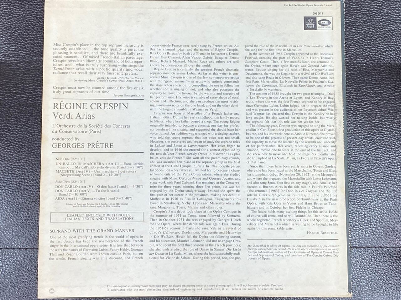 [LP] 레진 크레스팽 - Regine Crespin - Verdi Arias LP [U.S반] 