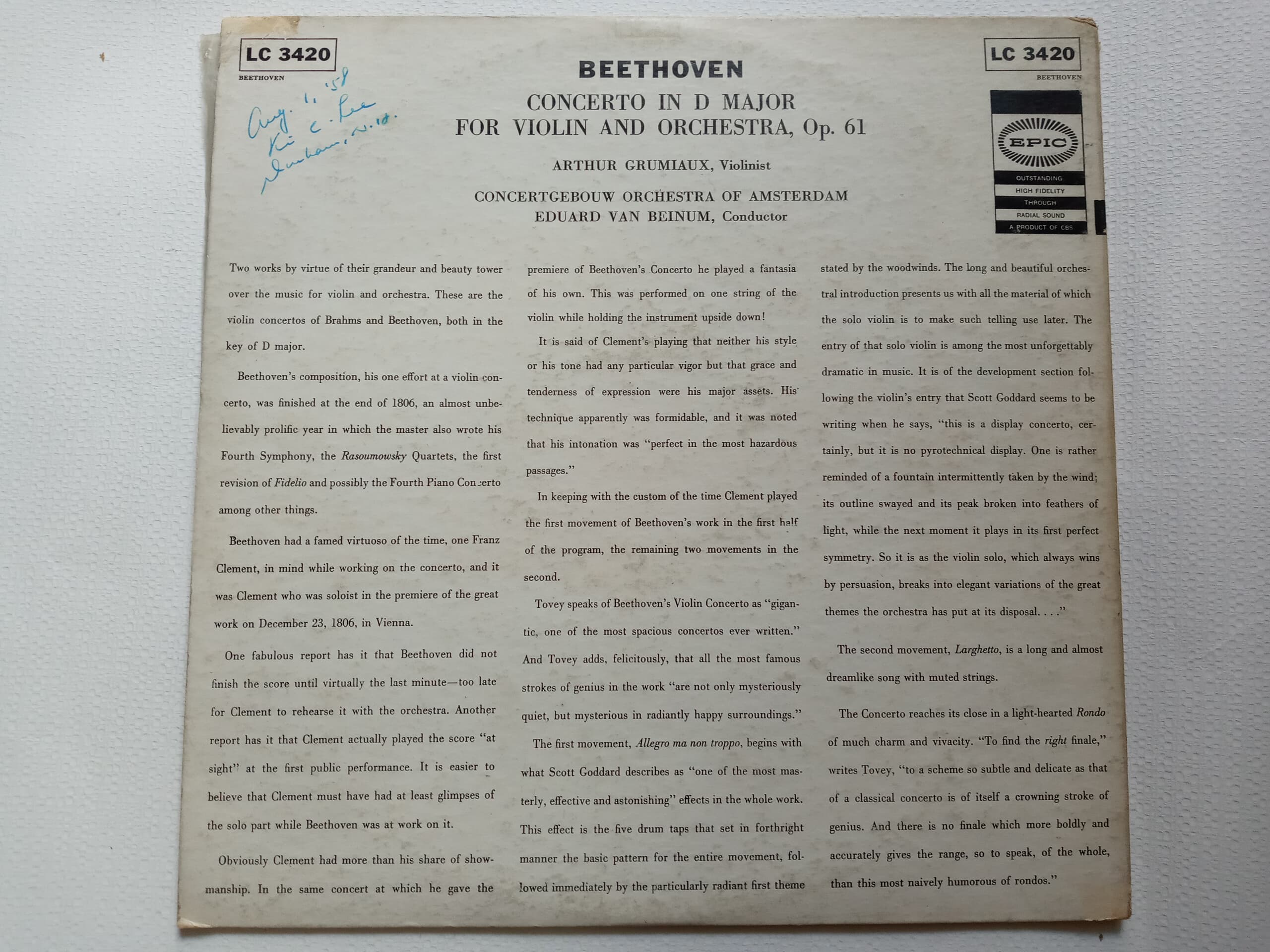 LP(수입) 베토벤: 바이올린 협주곡 - 아르투르 그루미오 / 에두아르트 반 베이눔
