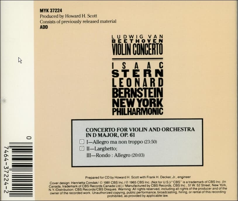 Isaac Stern : Leonard Bernstein  , Beethoven  - Violin Concerto In D Major  (US반)