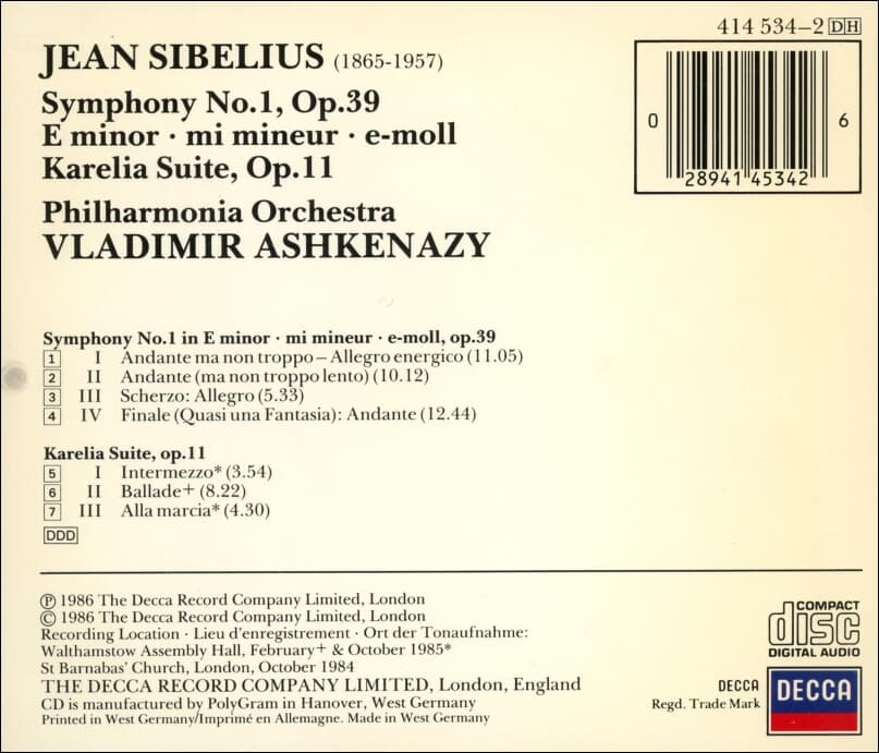 Sibelius : Ashkenazy  - Symphony No.1, Karelia Suite(독일반)