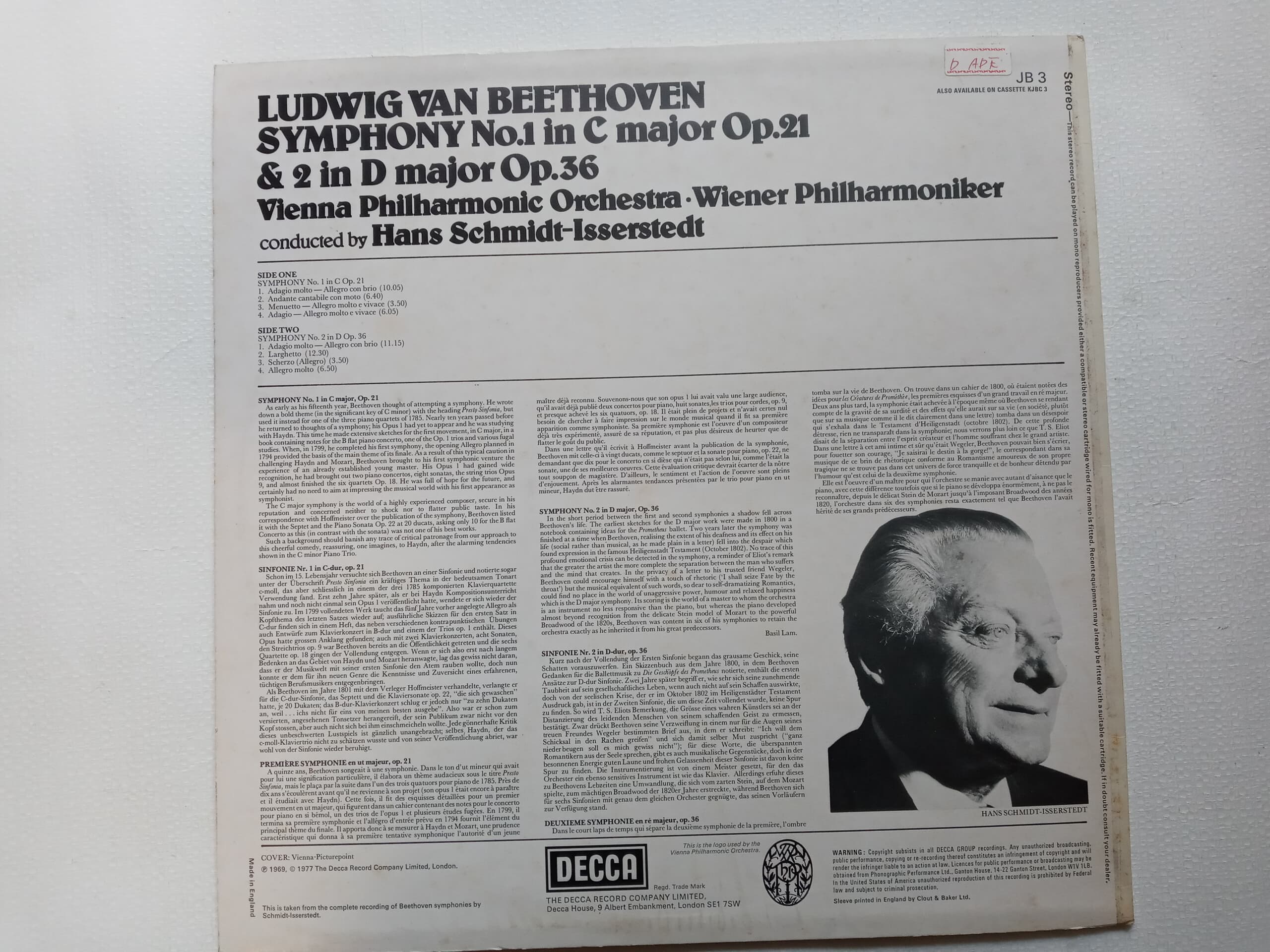 LP(수입) 베토벤 : 교향곡 1번, 2번 - 한스 슈미트 이세르슈테트 / 빈 필