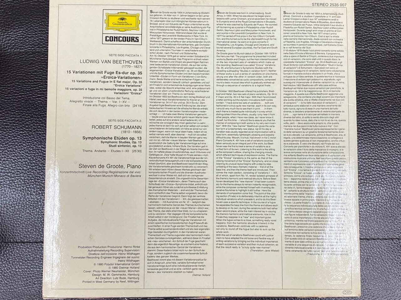 [LP] Steven De Groote - Beethoven 15 Variations Op.35 Eroica , Schumann Sym Etuden Op.13 LP [독일반]