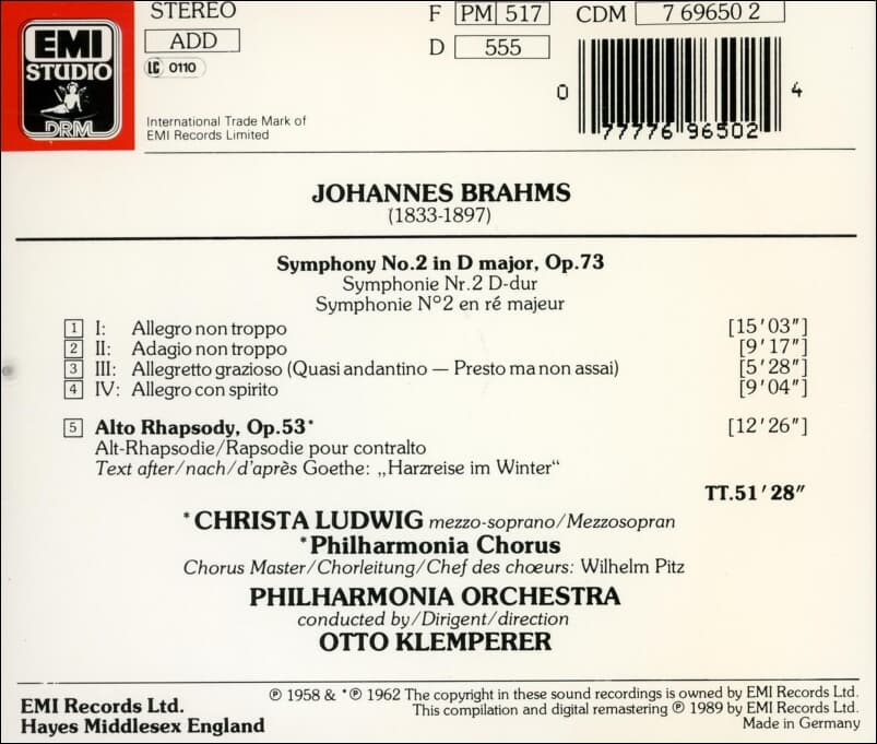 Brahms : Otto Klemperer - Symphonie No. 2 (독일반)