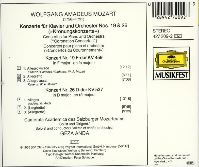 Mozart : Geza Anda  - "Kronungskonzerte" (US반)