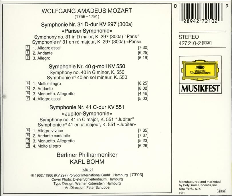 Mozart :  Karl Bohm - Symphonien Nr. 31 "Pariser" Nr. 40 Nr. 41 "Jupiter" (US반)