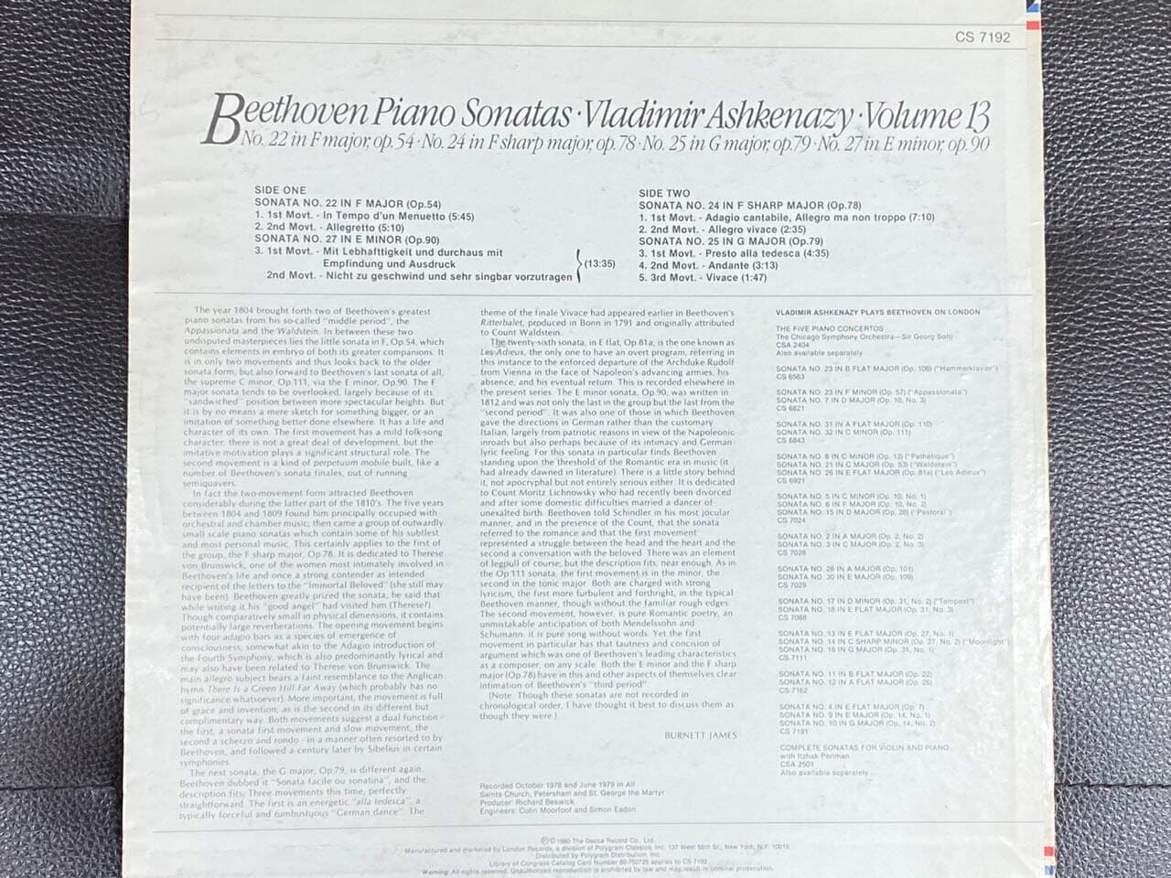 [LP] 아슈케나지 - Ashkenazy - Beethoven Piano Sonatas Volume 13 LP [U.S반]