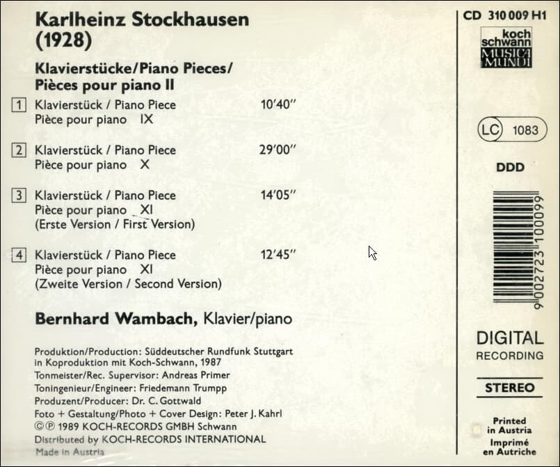 Karlheinz Stockhausen (슈톡하우젠) - Piano Pieces IX - XI  (유럽반)(미개봉)