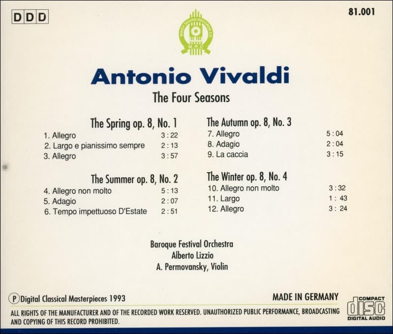 Vivaldi(비발디) : The Four Seasons - Alberto Lizzio / A. Permovansky, Violin (독일반)