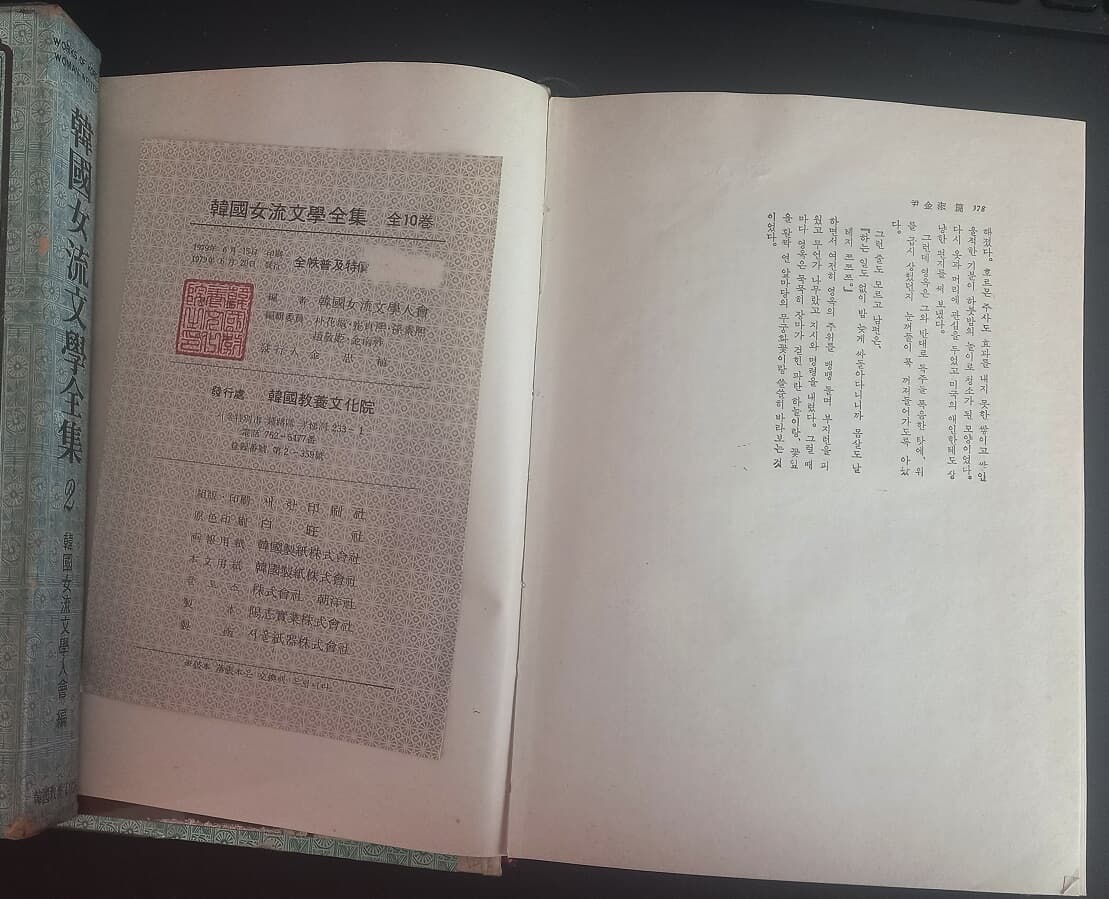 [세트] 한국여류문학전집 2~10권 (총10권 중 9권, 한국교양문화원, 1979)