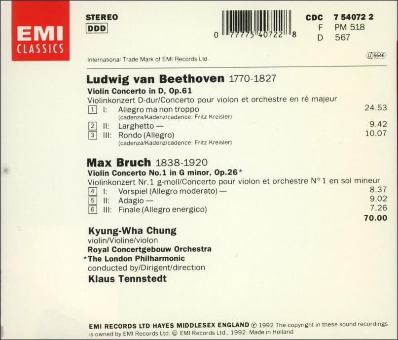 정경화 : Beethoven / Bruch - Violinkonzert  , Violinkonzert No. 1 (Holland반)