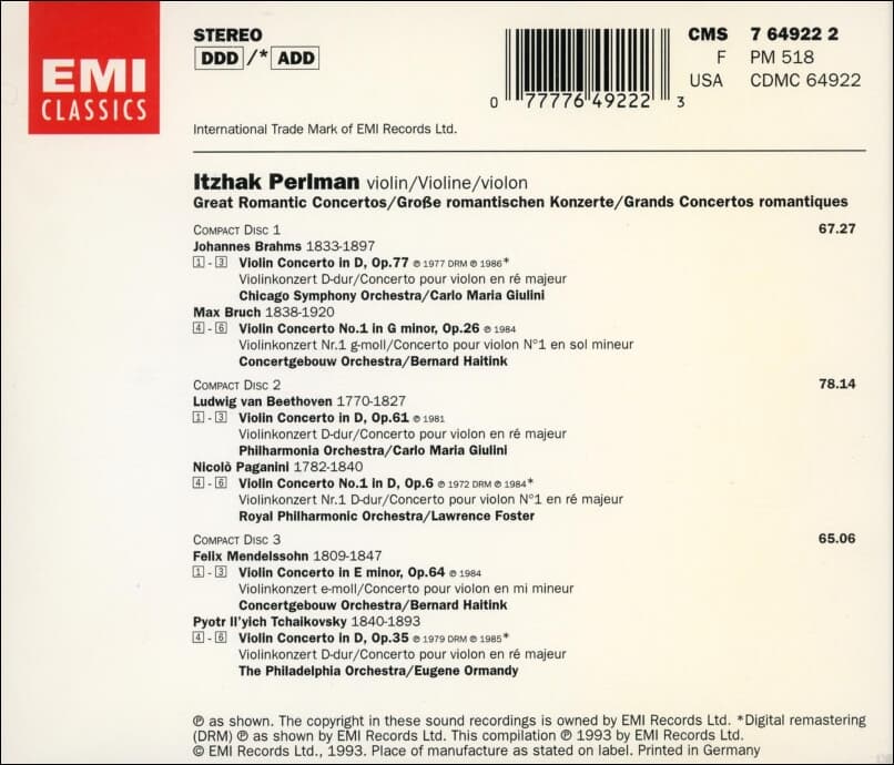 Itzhak Perlman - Great Romantic Concertos  (3cd) (독일반)