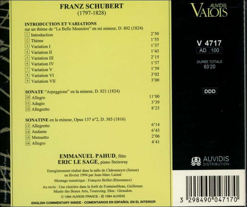 Schubert : Introduction & Variations D. 802 ,Sonate D. 821 - Emmanuel Pahud , Eric Le Sage (France반)