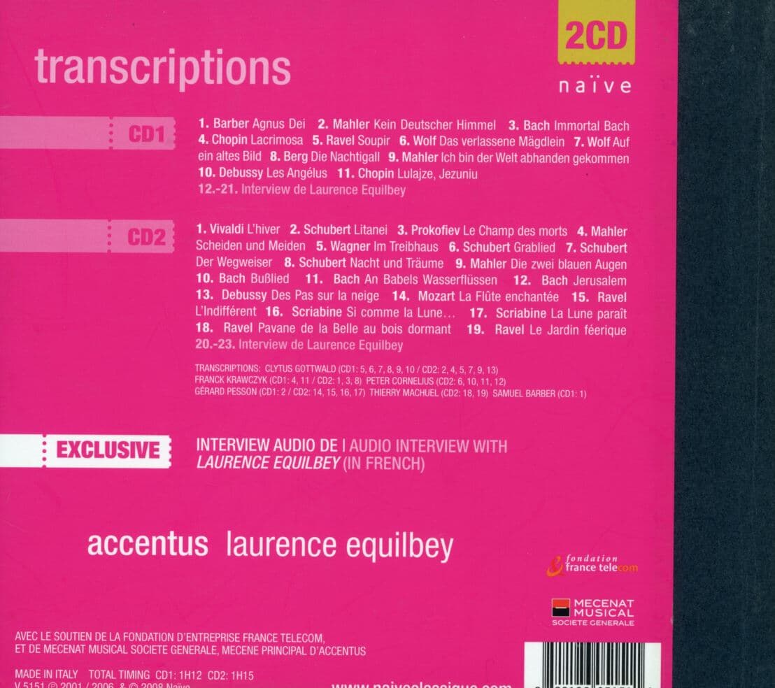 에퀼베이 - Laurence Equilbey - Accentus Transcriptions Vol.1/2 2Cds [이태리반]