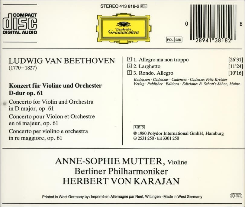 Beethoven : Violinkonzert - Sophie Mutter / Karajan  (독일발매)
