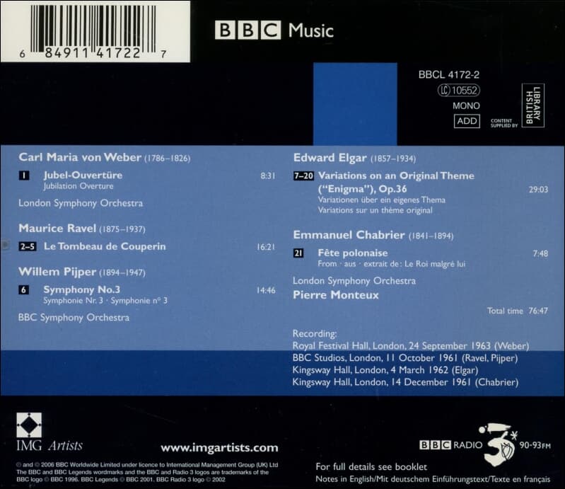 Monteux : Weber ,Ravel ,  Pijper , Elgar ,Chabrier - BBC Symphony Orchestra (EU발매)