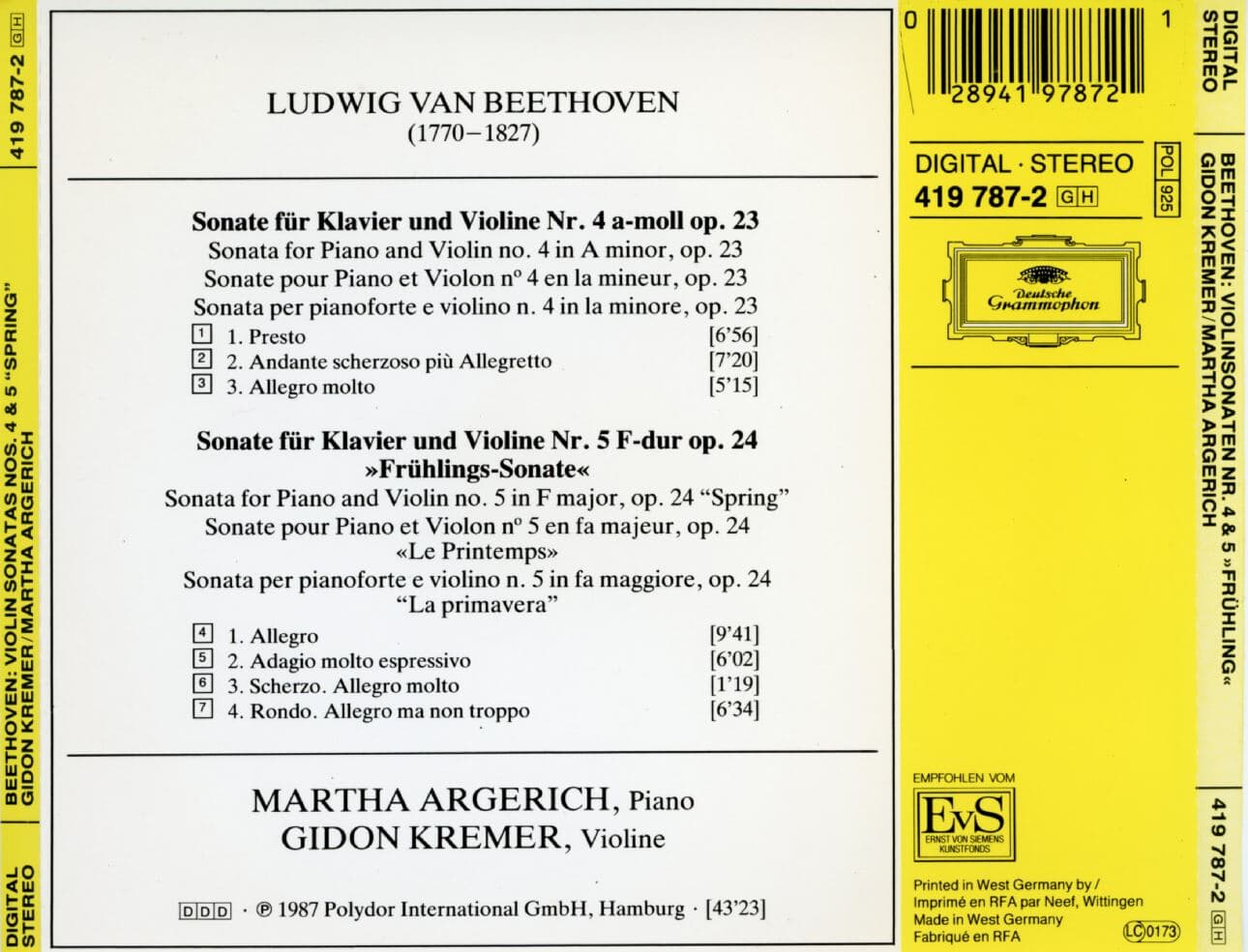 크레머,아르헤리치 - Kremer,Argerich - Beethoven Violin Sonatas Nos.4 & 5 [독일발매]