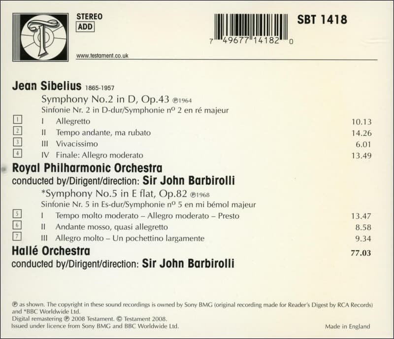 Sibelius : Symphonies Nos.2 & 5 - John Barbirolli (UK발매)