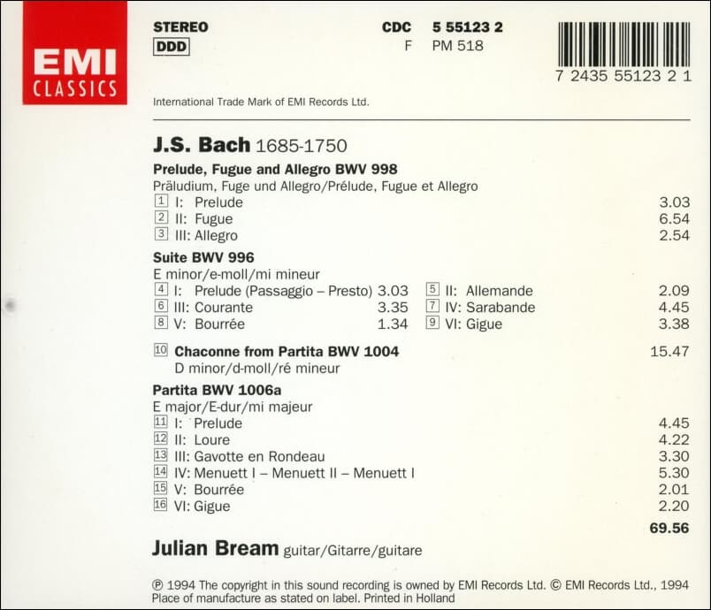 Bach : Chaconne , Suite In E Minor - Julian Bream (Holland발매)
