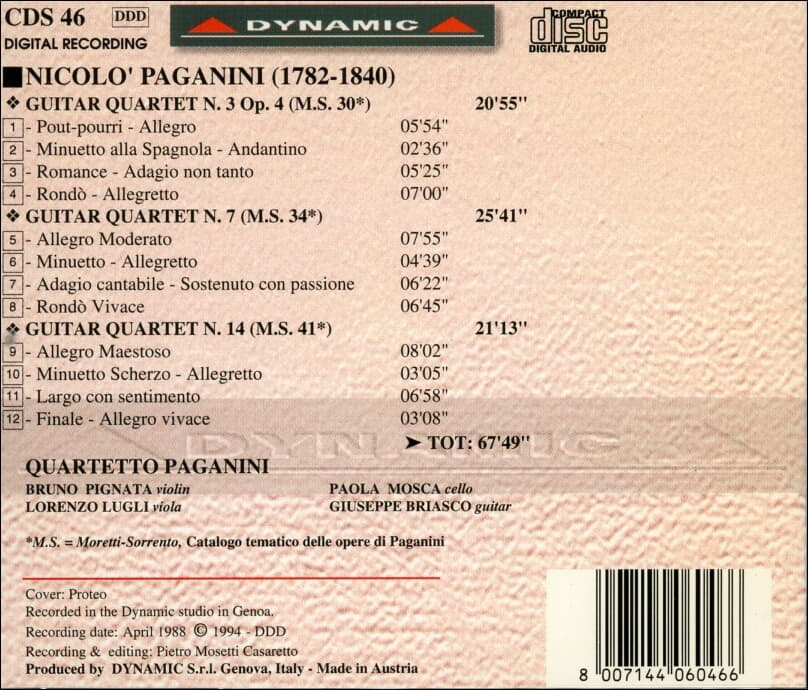 Paganini : Quartets N. 3-7-14 For Violin, Viola, Guitar And 'Cello (A.U발매)