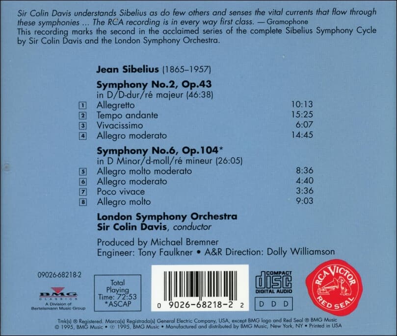 Sibelius : Symphonies Nos. 2 & 6 - Sir Colin Davis(US발매)