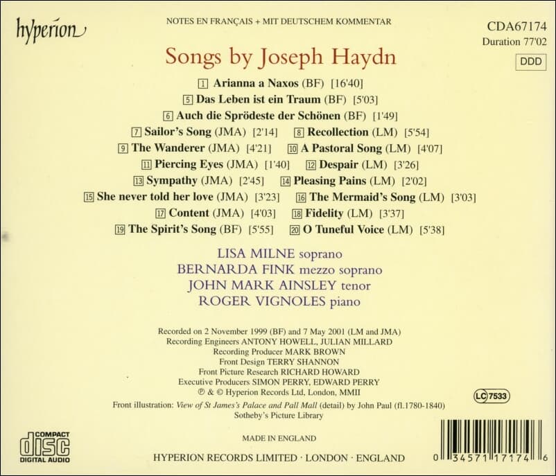 Songs By Joseph Haydn (하이든 : 가곡집) - Lisa Milne / Bernarda Fink (UK발매)  