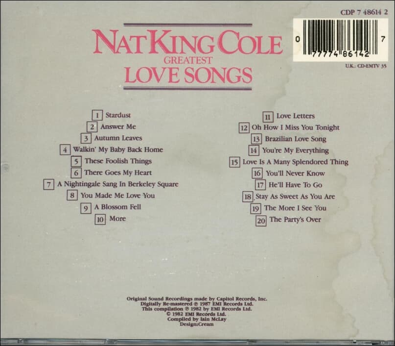 Nat King Cole (냇 킹 콜) -  Greatest Love Songs(Holland발매)