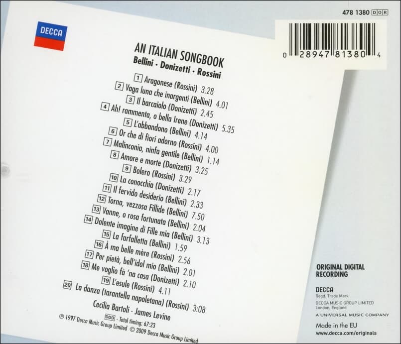 체칠리아 바르톨리 - 이탈리아 가곡집 - James Levine (EU발매) (미개봉)