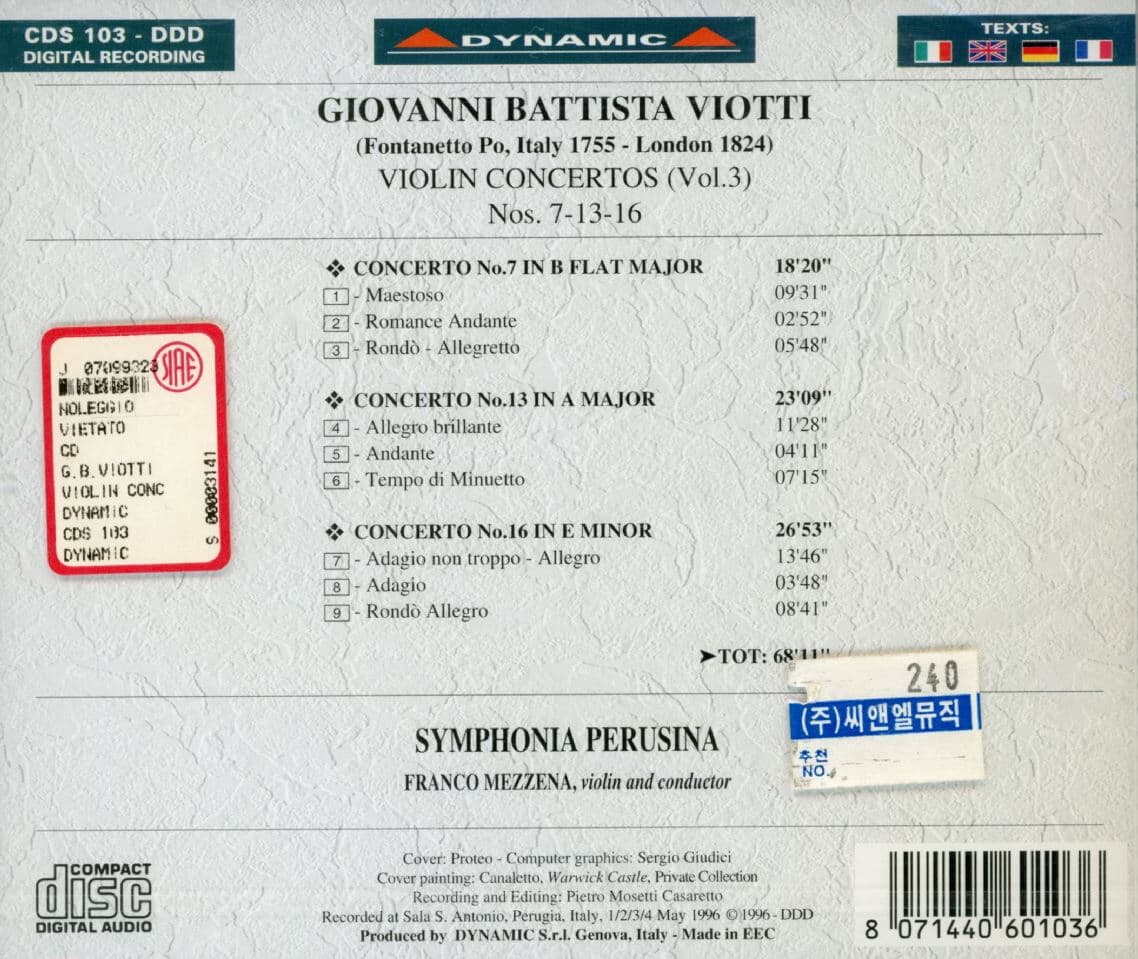 프랑코 메지나 - Franco Mezzena - Giovanni Battista Viotti Violin Concertos Nos.7,13,16 [미개봉] [E.U발매]