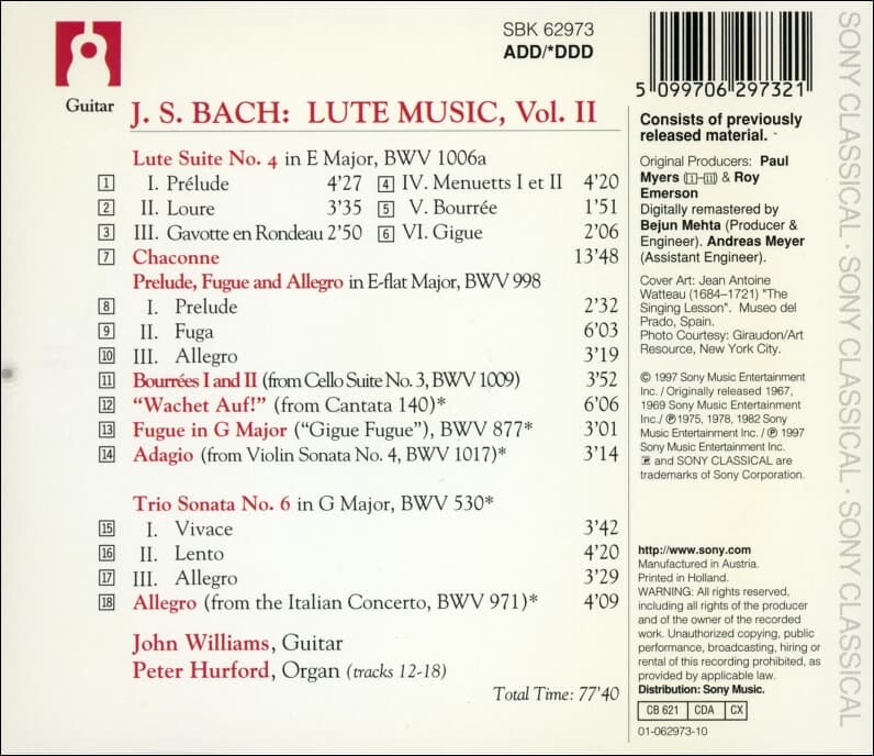 Bach :  John Williams  -  Lute Music, Vol. II (Holland발매)