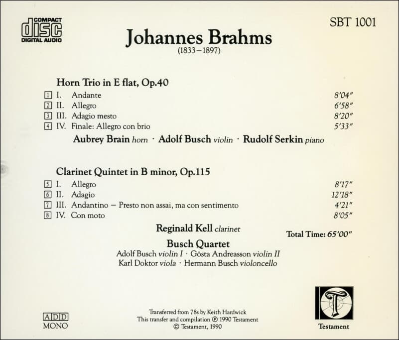 Brahms : Horn Trio in E flat, Op.40 - Busch Quartet  (수입) 