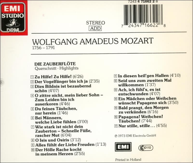 Mozart : Die Zauberflote  - Querschnitt (Holland발매)