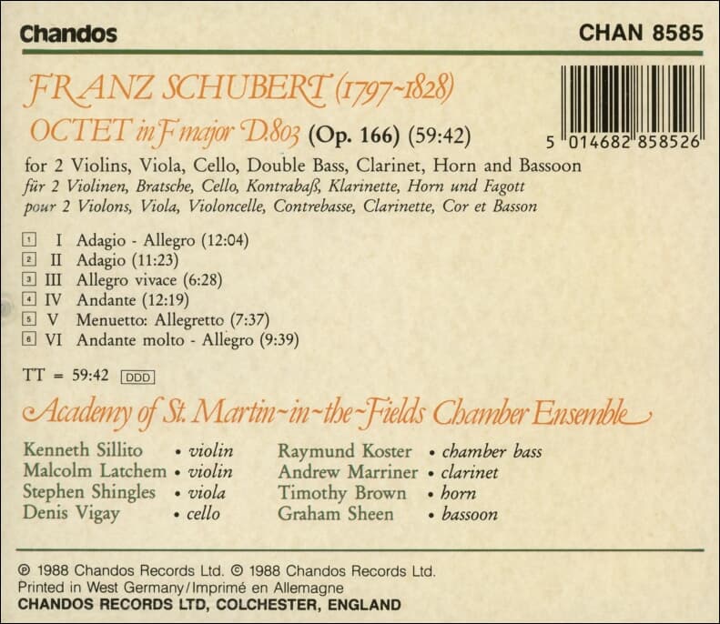 Schubert : Octet In F Major D.803 - Academy Of St. Martin-in-the-Fields Chamber Ensemble (Op. 166)(독일발매)