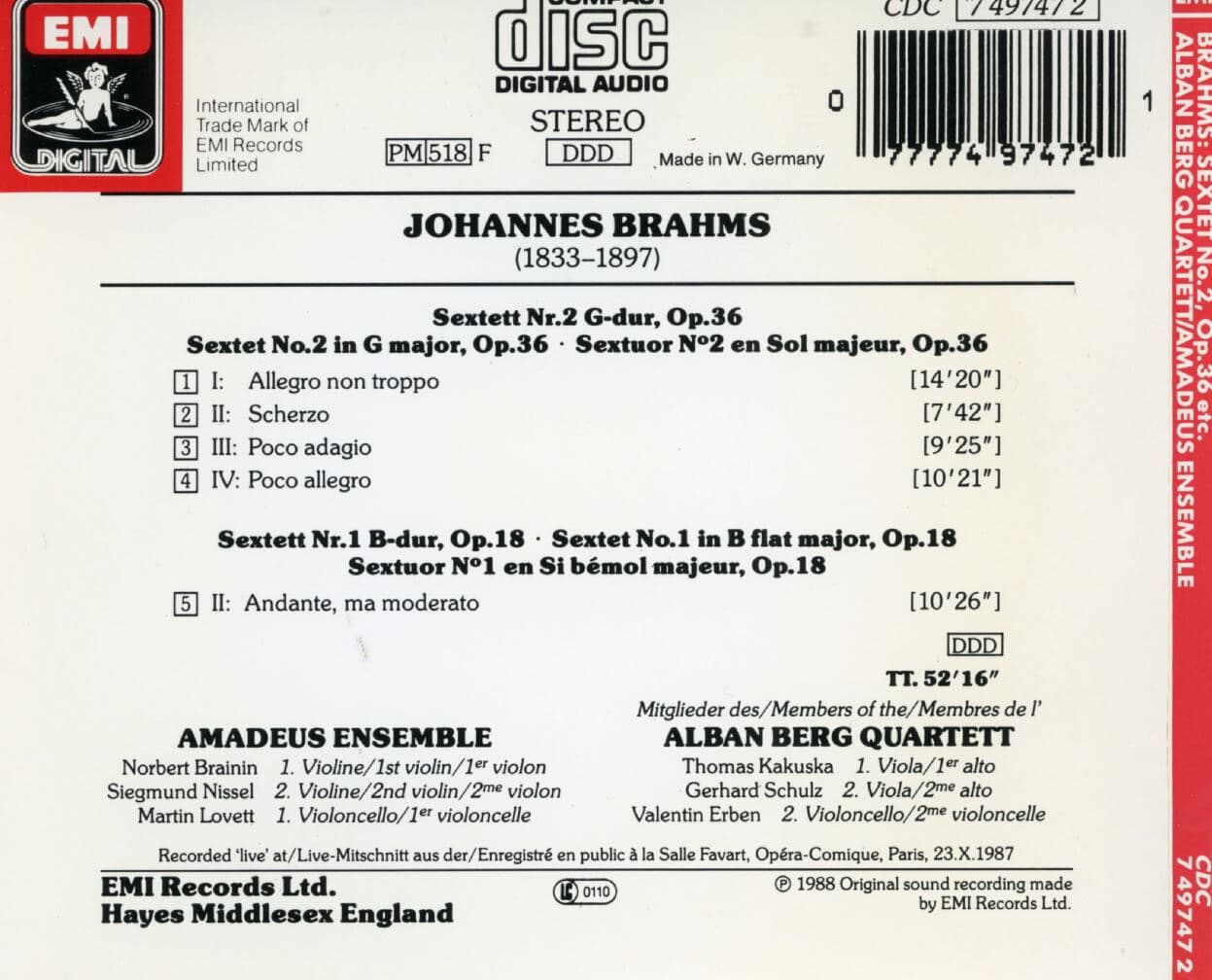 알반 베르크 4중주단 - Alban Berg Quartett - Brahms Sextet Sextuor A Cordes No.2 [U.K발매]