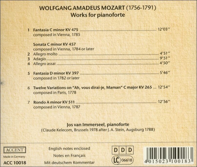 Mozart : 명 피아노 작품집 (포르테 피아노 버전)  -  Jos Van Immerseel (독일발매)