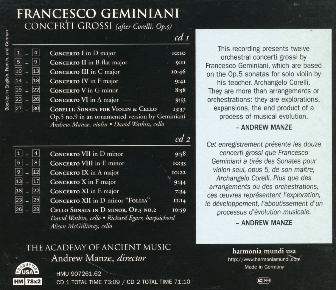 앤드류 맨지 - Andrew Manze - Geminiani Concerti Grossi (After Corelli Op. 5) 2Cds [독일발매]