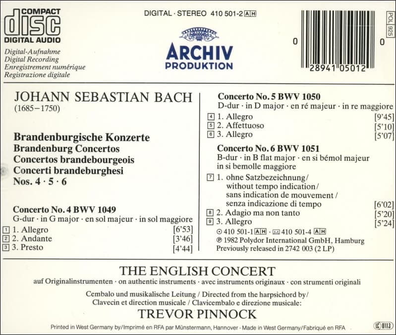 Bach : English Concert / Brandenburgische Konzerte 4 ,5 , 6  - Trevor Pinnock (독일발매)