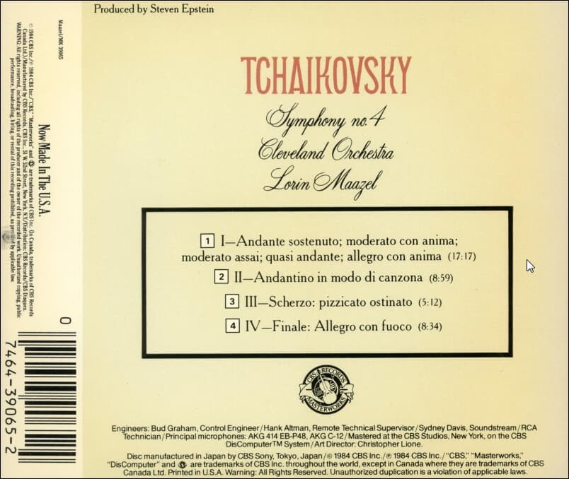 Tchaikovsky  -  Symphony No. 4 - Lorin Maazel (1984 recording)(US발매)