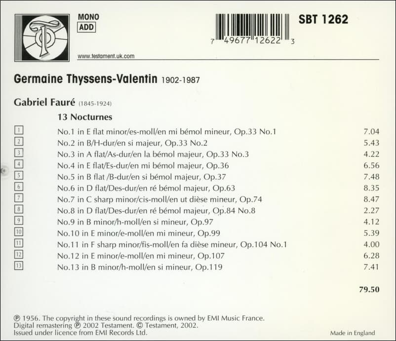 Gabriel Faure(포레) : Germaine Thyssens-Valentin  - 13 Nocturnes (13개의 녹턴)(영국발매)
