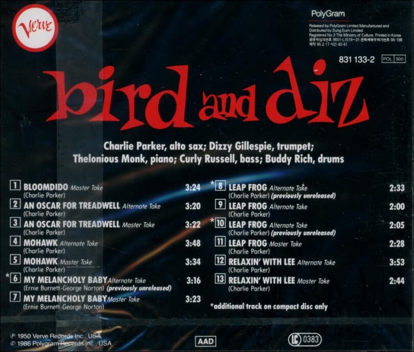 Charlie Parker (찰리 파커) , Dizzy Gillespie (디지 길레스피) -  Bird And Diz (미개봉)