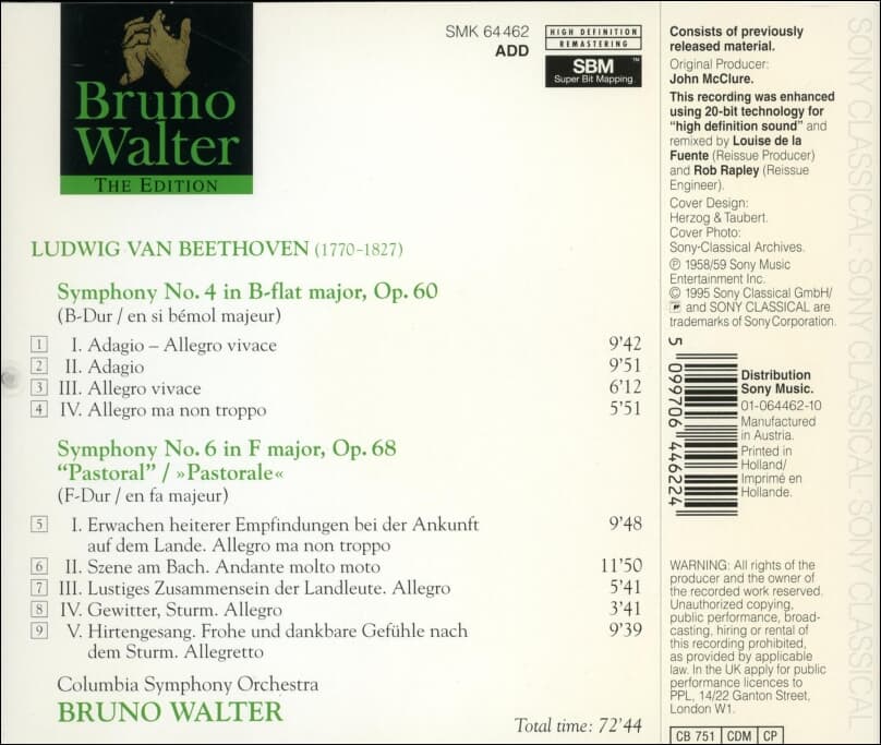 Beethoven : Symphonies No. 4 & No. 6 "Pastorale" - Bruno Walter(Holland발매)