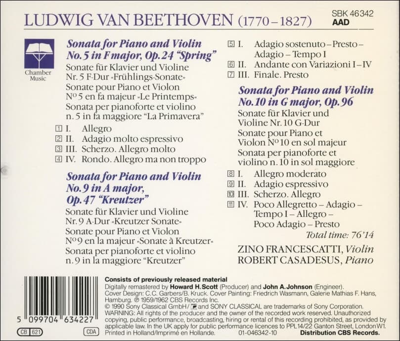 Beethoven :  Violin Sonatas No. 5 "Spring"/ No. 9 "Kreutzer" - No. 10 -프란체스카티 (Zino Francescatti) (Holland발매)