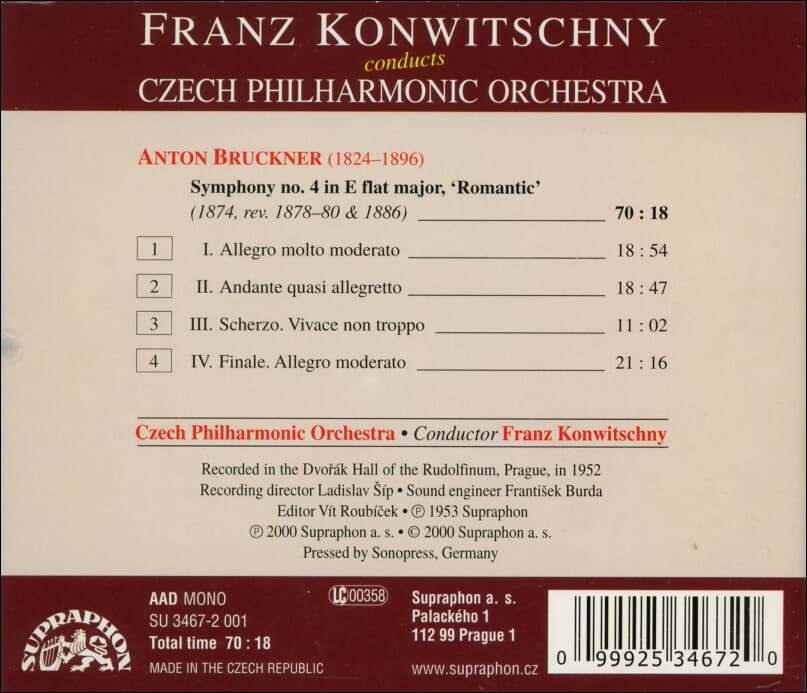 Bruckner: Symphony No. 4 , Romantic - 콘비츠니 (Franz Konwitschny) (체코발매) 