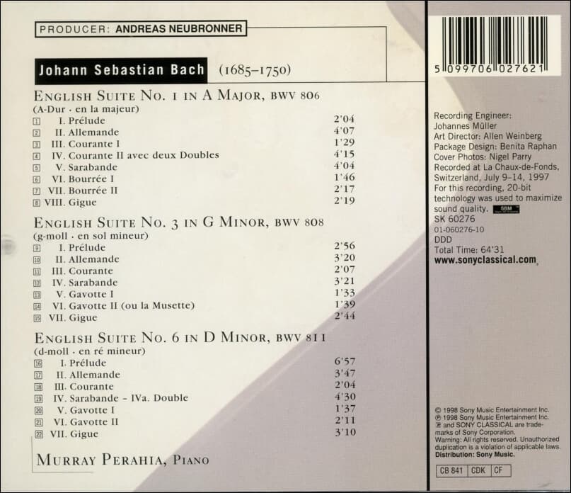Bach : English Suites Nos. 1, 3 & 6 - 페라이어 (Murray Perahia) (Austria발매)