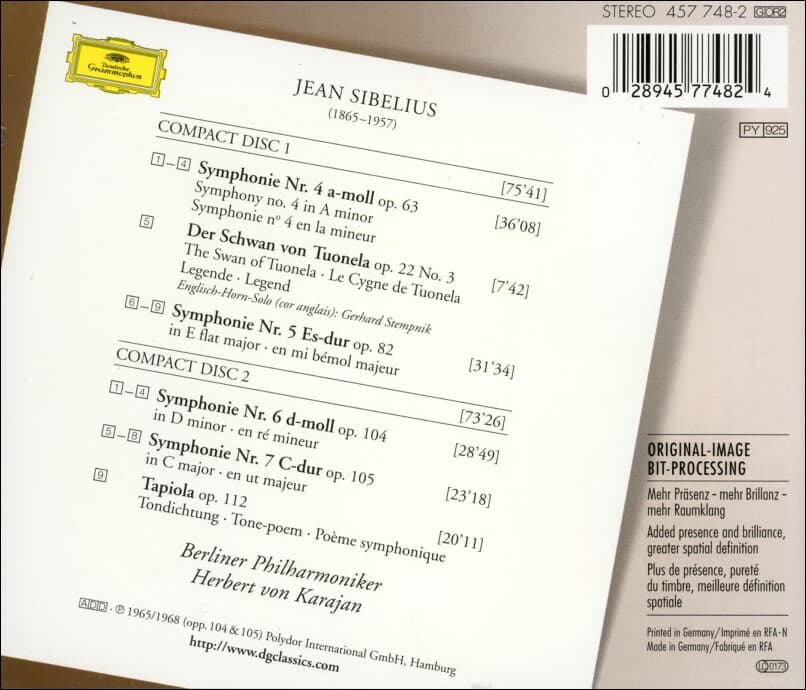 Sibelius : Symphonien Nos. 4-7 -  Karajan (2cd)(독일발매)