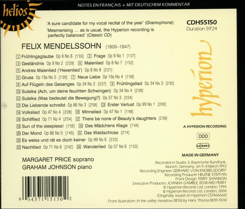 Mendelssohn : 노래의 날개 위에  - 프라이스 (Margaret Price) (독일발매)