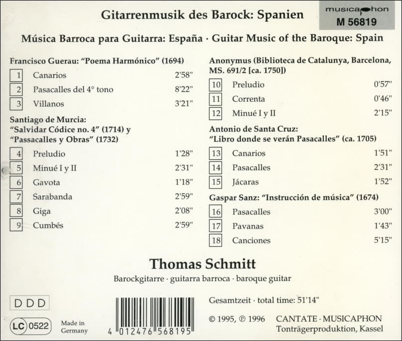 Thomas Schmitt (토머스 슈미트) - Gitarrenmusik Des Barock: Spanien (독일발매)